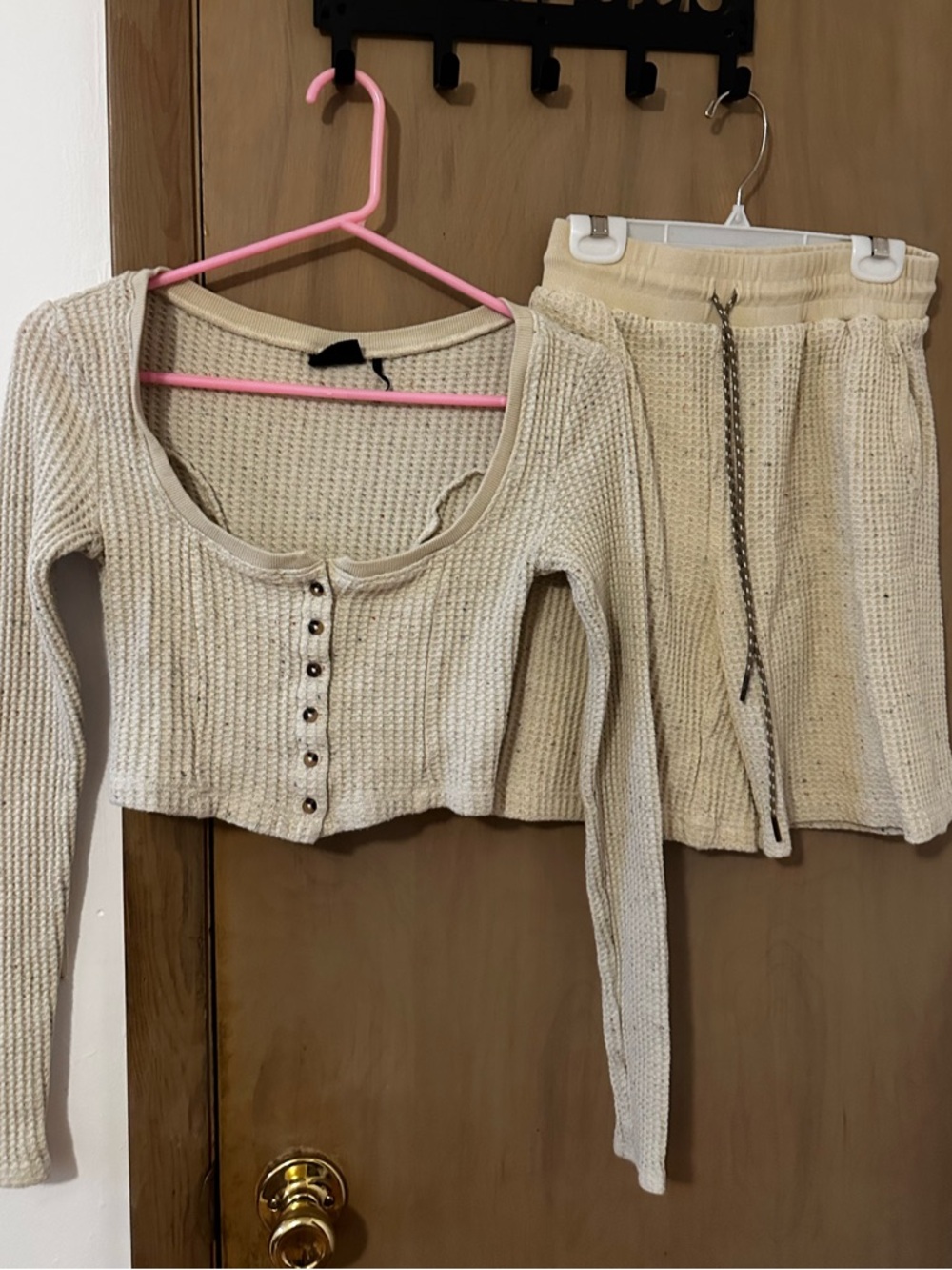 Urban Outfitters Cream Waffle Knit Cropped Cardigan & Drawstring Skirt